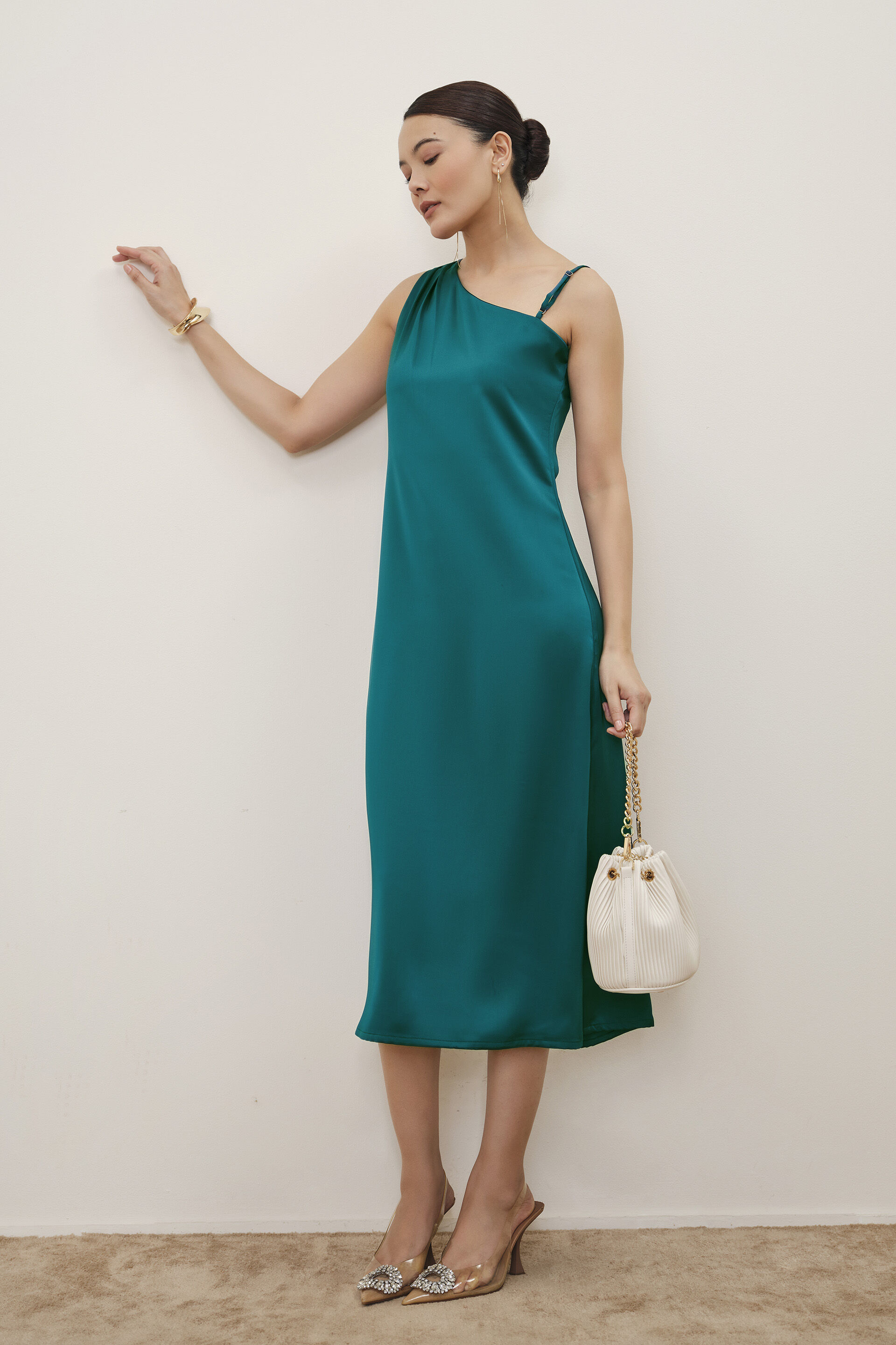 Teal One-Shoulder Satin Dress, Teal, image 4